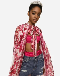 Majolica-print chiffon cape