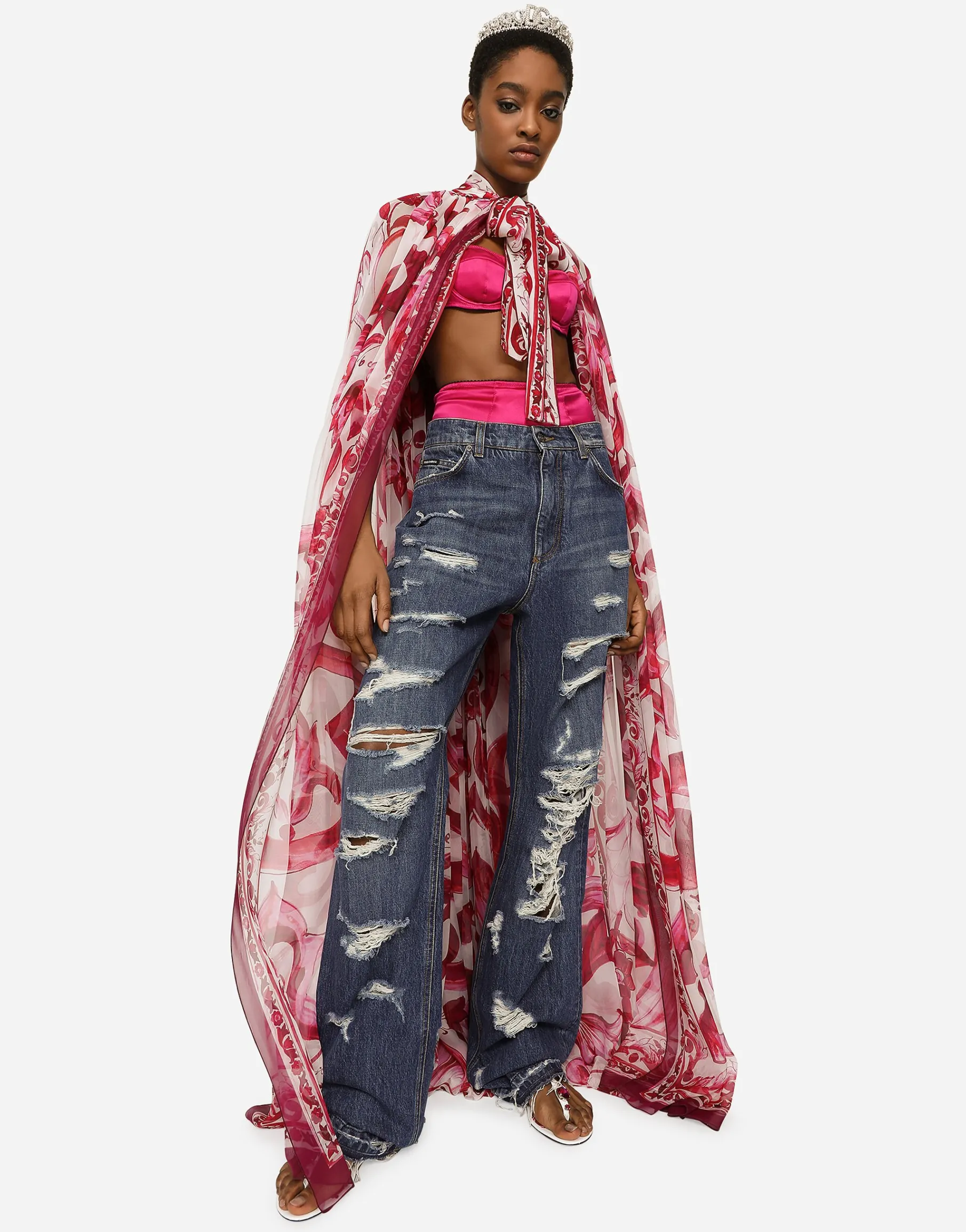 Majolica-print chiffon cape