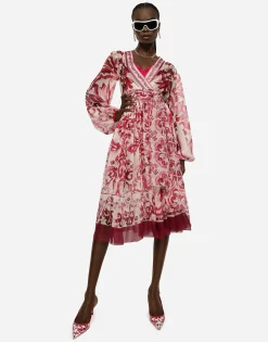 Majolica-print chiffon midi dress