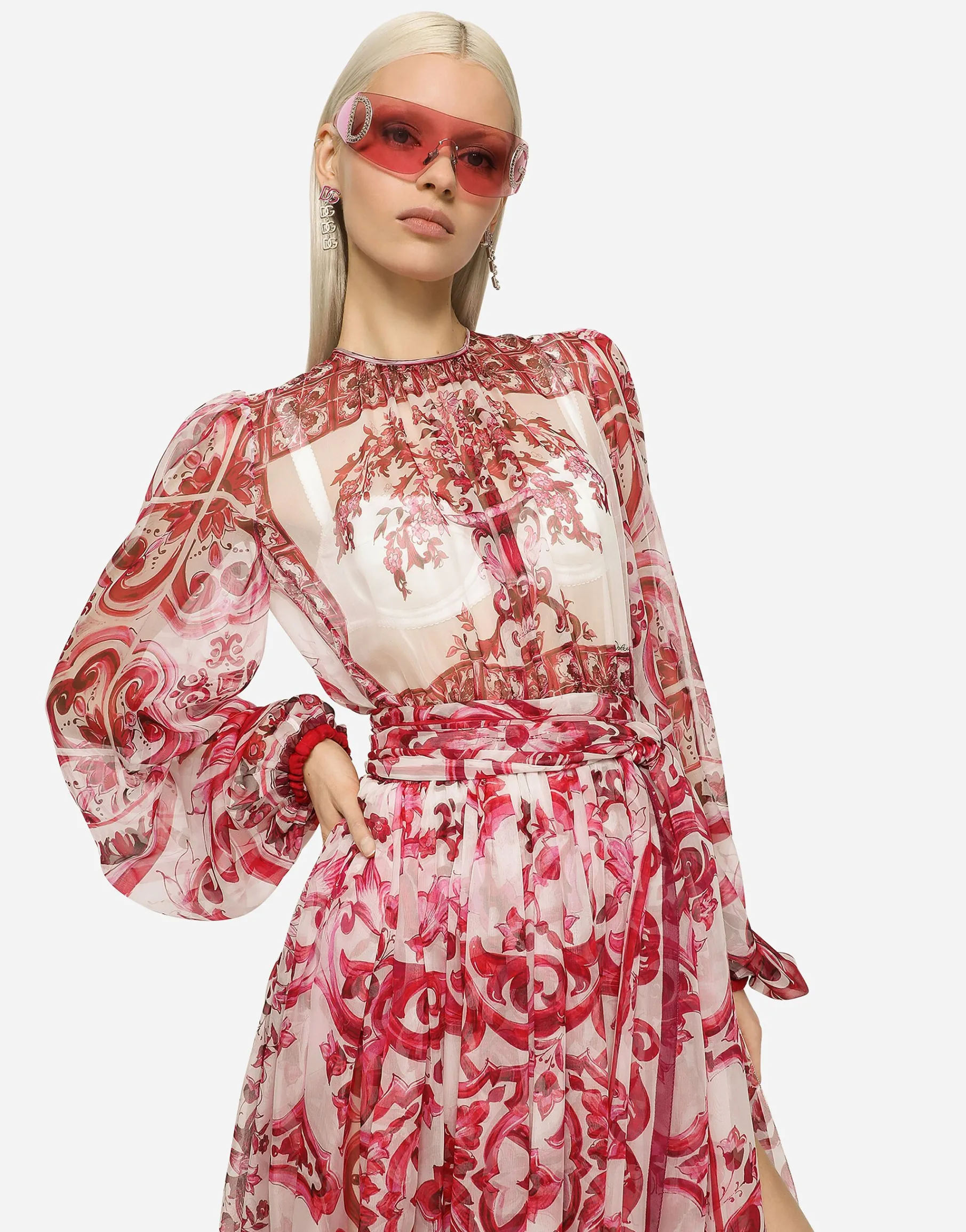 Majolica-print chiffon midi dress