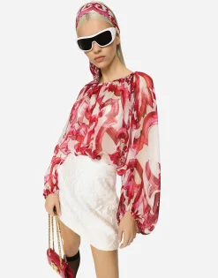Majolica-print chiffon top