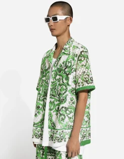 Majolica-print crochet Hawaiian shirt