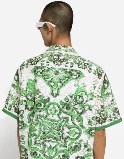 Majolica-print crochet Hawaiian shirt