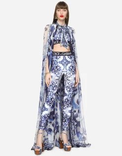 Majolica-print jersey top with branded elastic