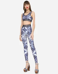 Majolica-print jersey top with branded elastic