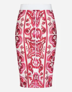 Majolica-print marquisette pencil skirt