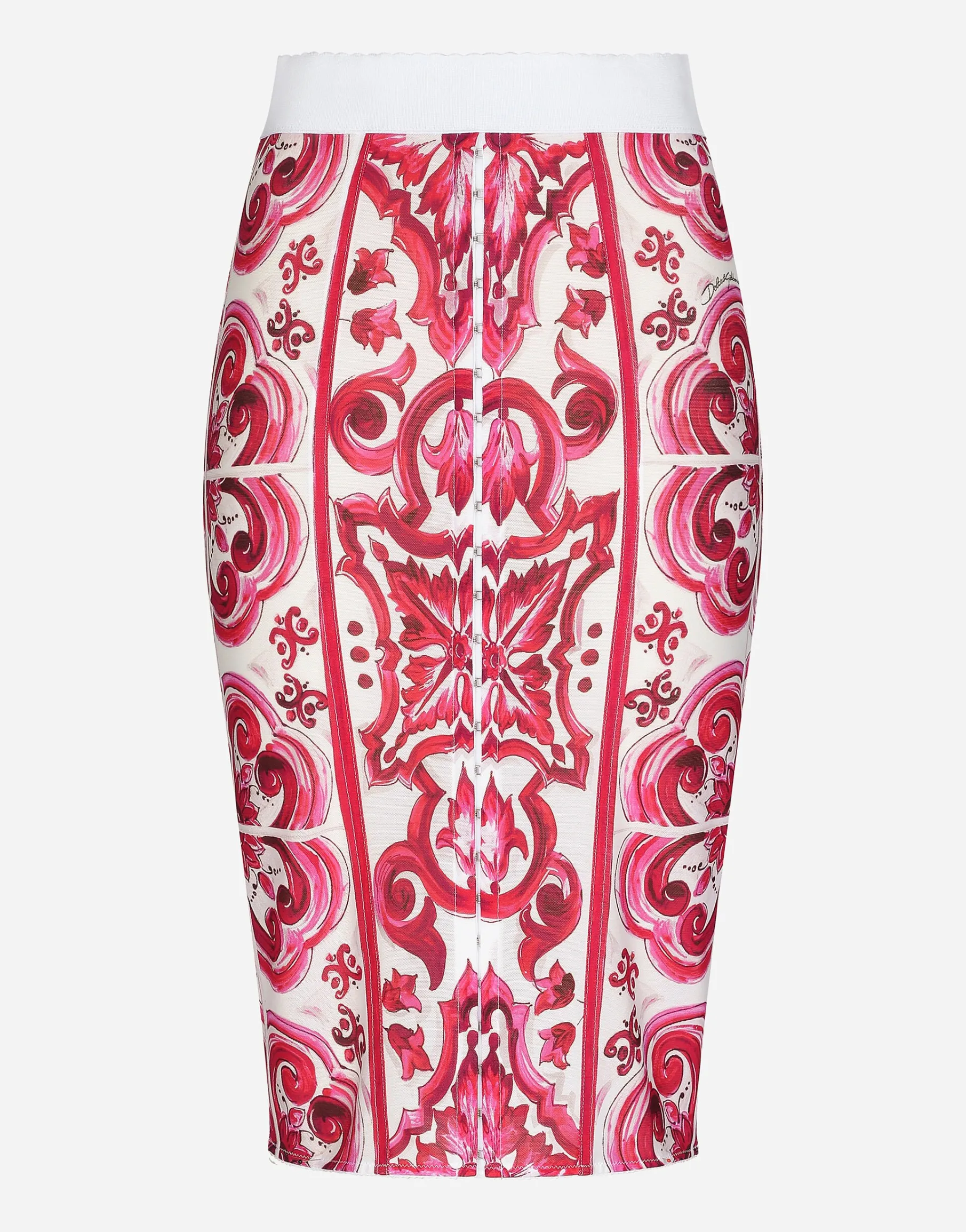 Majolica-print marquisette pencil skirt
