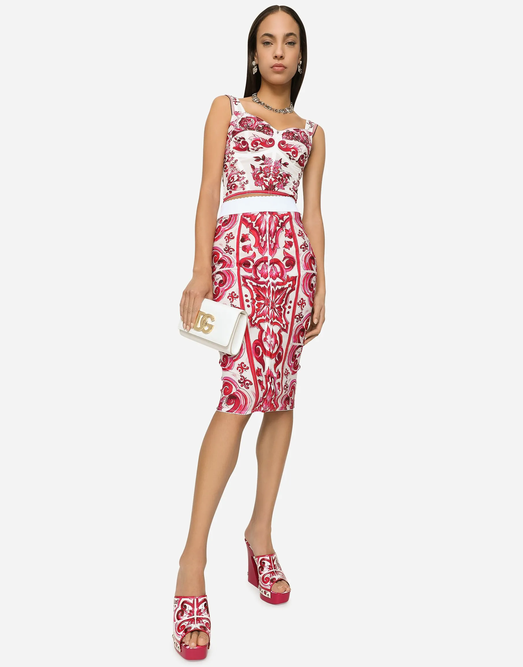 Majolica-print marquisette pencil skirt