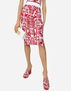 Majolica-print marquisette pencil skirt