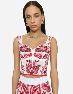 Majolica-print marquisette bustier top