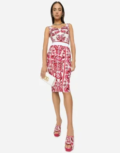 Majolica-print marquisette pencil skirt