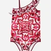 Majolica-print one-piece swimsuit with ruched neckline