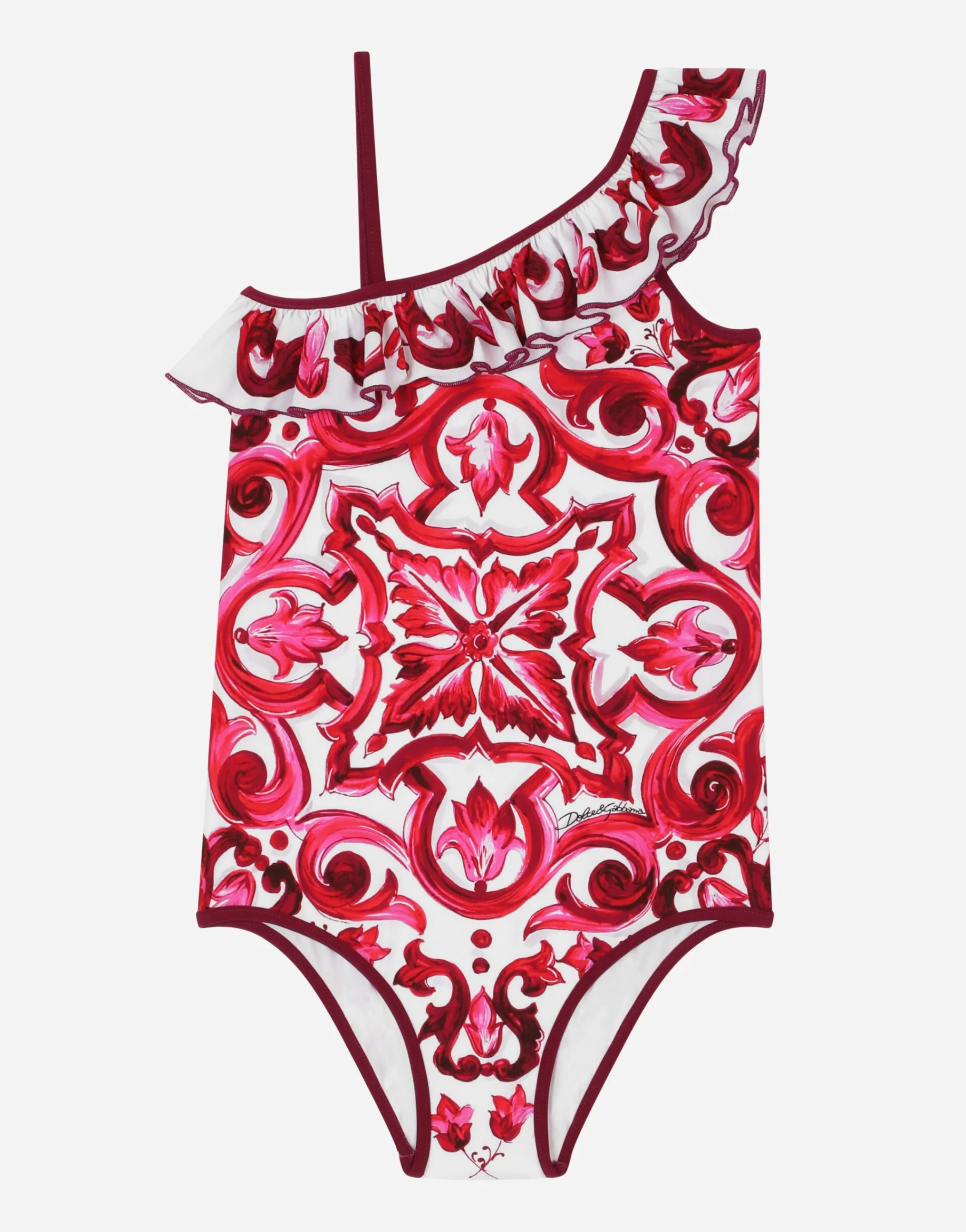 Majolica-print one-piece swimsuit with ruched neckline