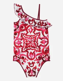 Majolica-print one-piece swimsuit with ruched neckline