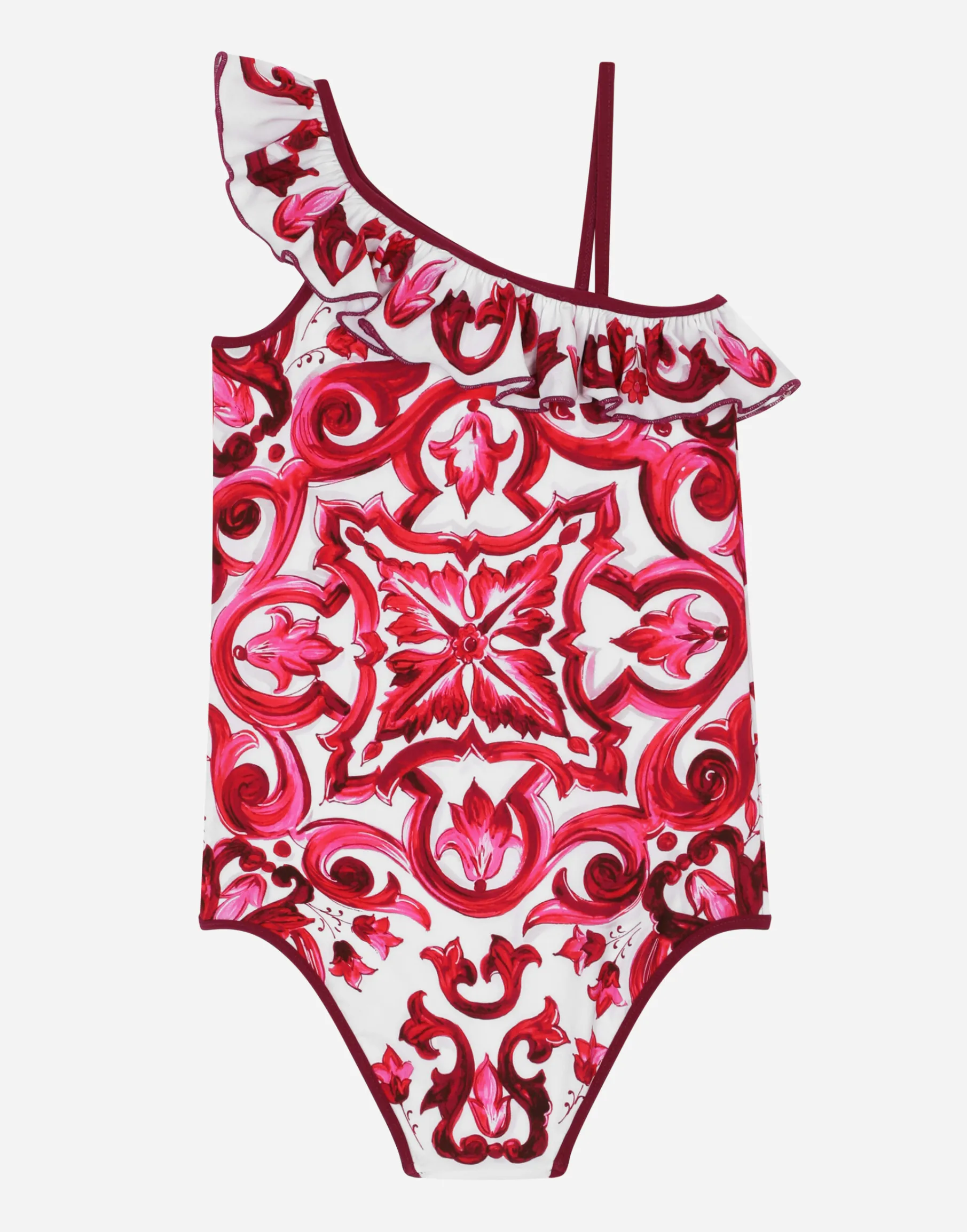 Majolica-print one-piece swimsuit with ruched neckline
