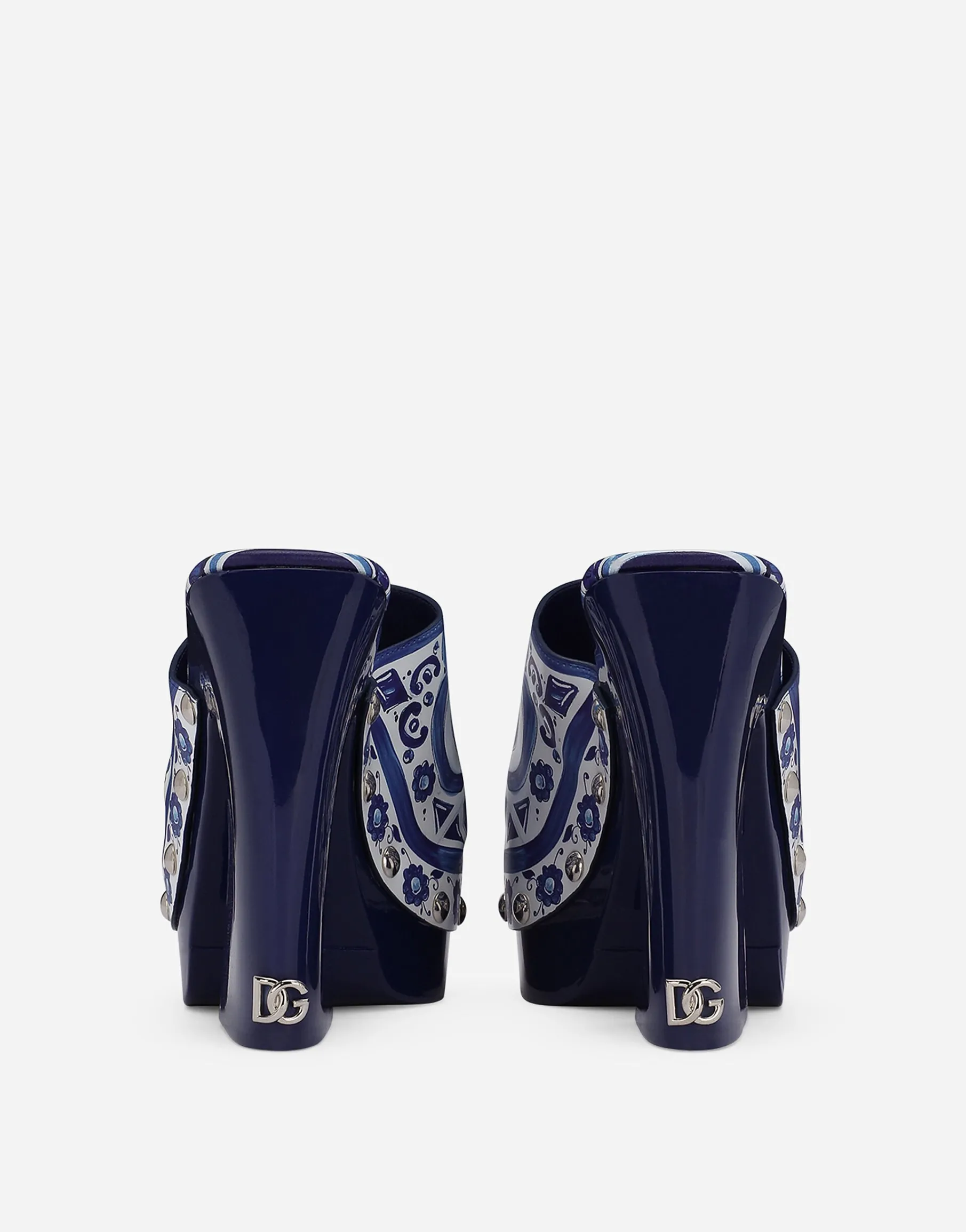 Majolica-print polished calfskin clogs