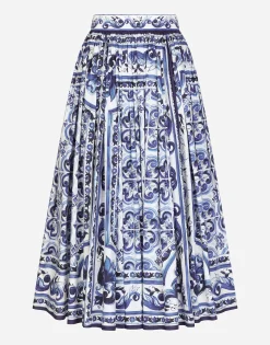 Majolica-print poplin calf-length skirt