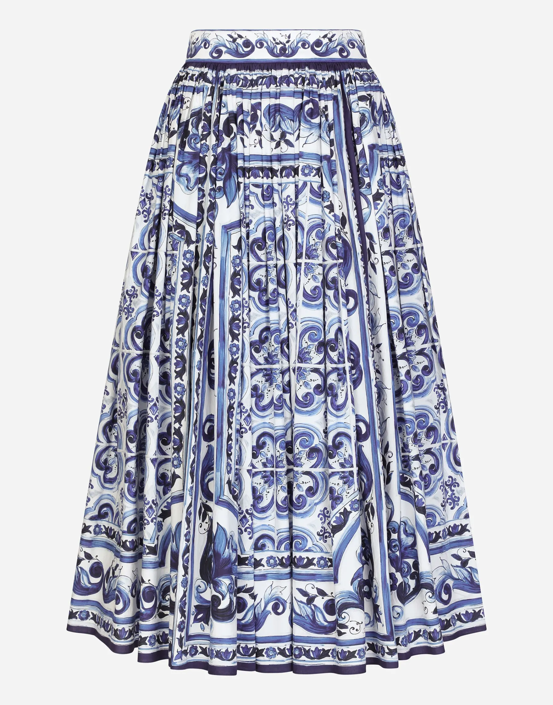 Majolica-print poplin calf-length skirt