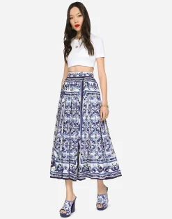 Majolica-print poplin calf-length skirt