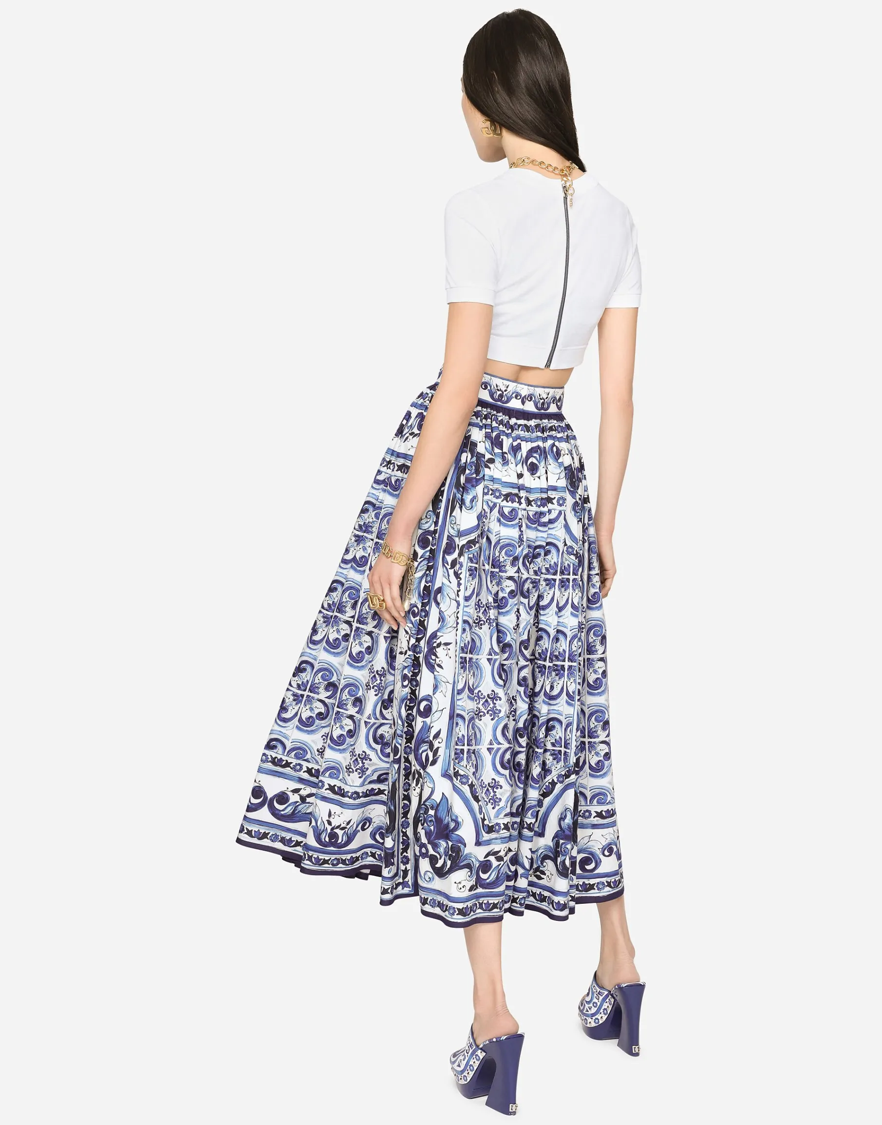 Majolica-print poplin calf-length skirt
