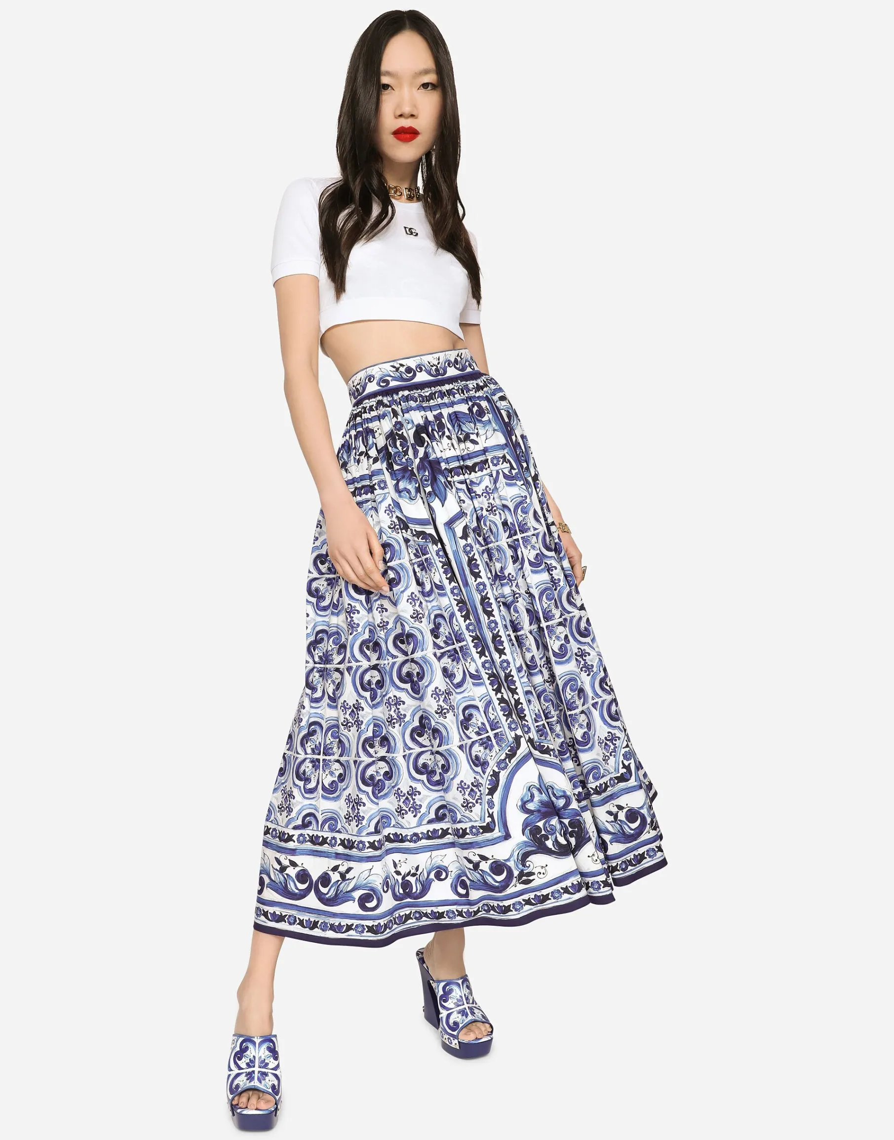Majolica-print poplin calf-length skirt