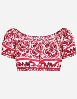 Majolica-print poplin crop top