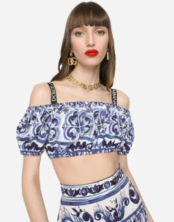 Majolica-print poplin crop top