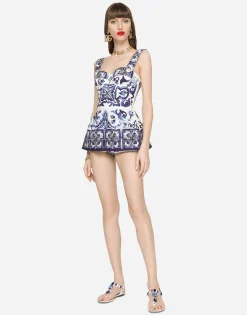 Majolica-print poplin top with peplum detail