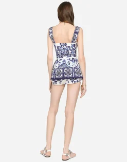 Majolica-print poplin top with peplum detail