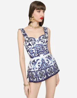 Majolica-print poplin top with peplum detail