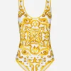 Majolica-print racing swimsuit