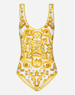 Majolica-print racing swimsuit