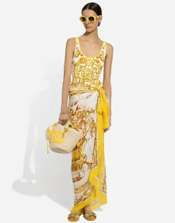 Majolica-print racing swimsuit