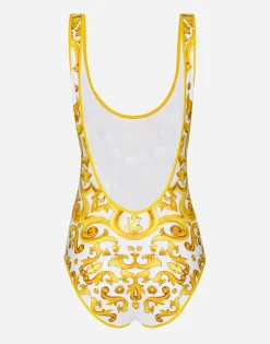 Majolica-print racing swimsuit