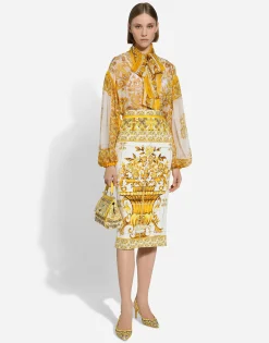 Majolica-print silk charmeuse calf-length skirt