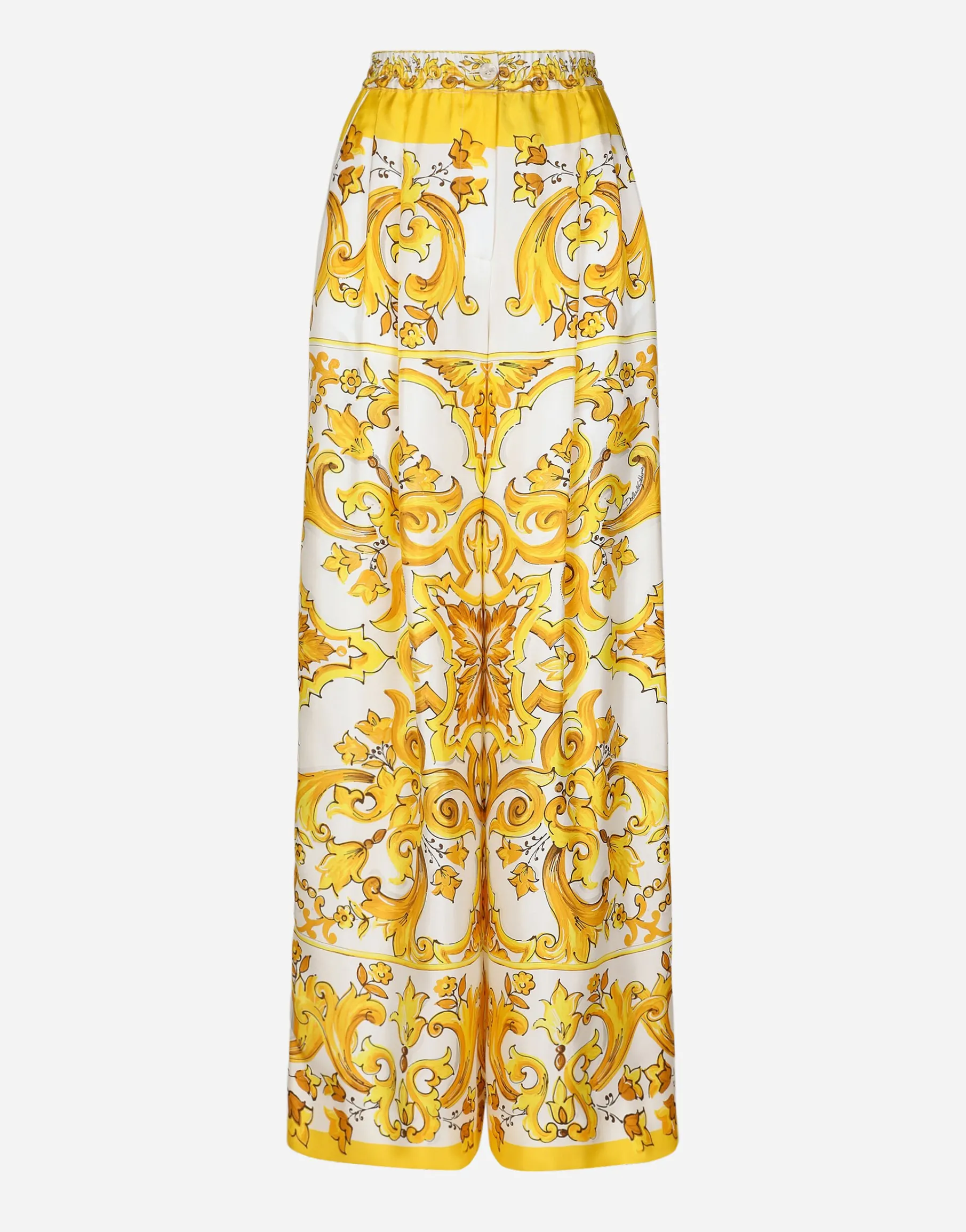Majolica-print silk twill pants with elasticated waistband
