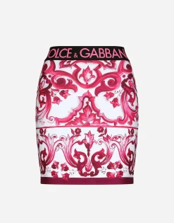 Majolica-print technical jersey short skirt