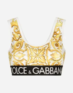 Majolica-print technical jersey top with branded elastic band