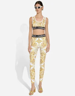 Majolica-print technical jersey top with branded elastic band