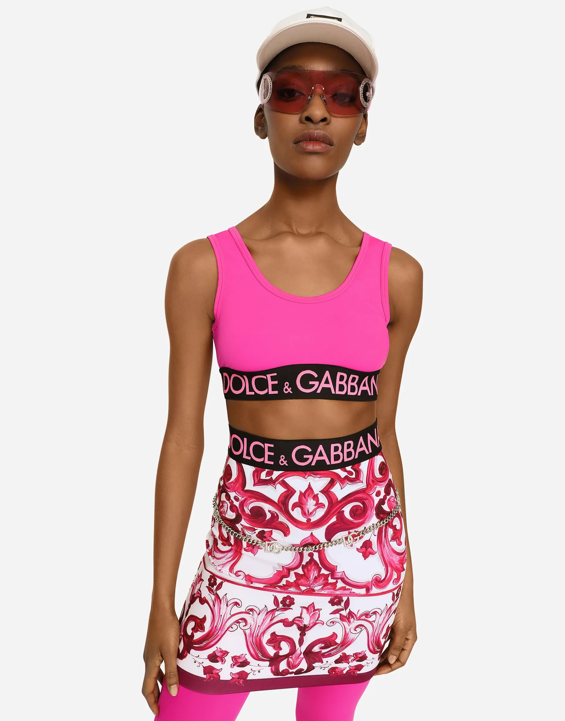 Majolica-print technical jersey short skirt