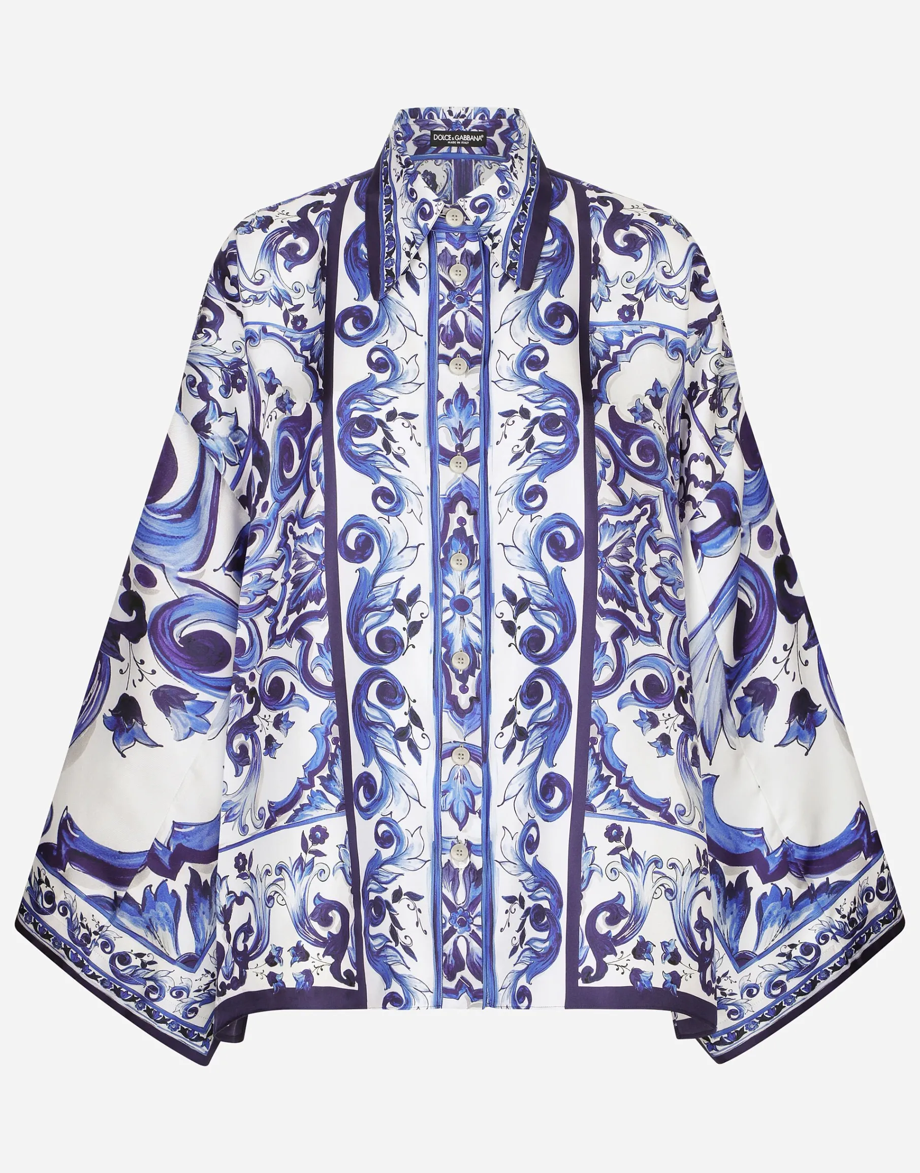 Majolica-print twill shirt with slits