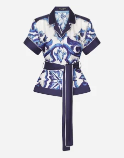Majolica-print twill shirt with belt