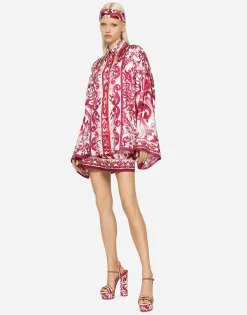 Majolica-print twill shirt with slits