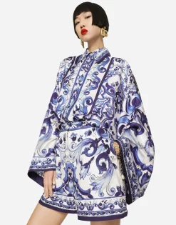 Majolica-print twill shirt with slits