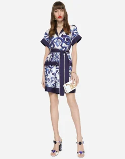 Majolica-print twill shirt with belt