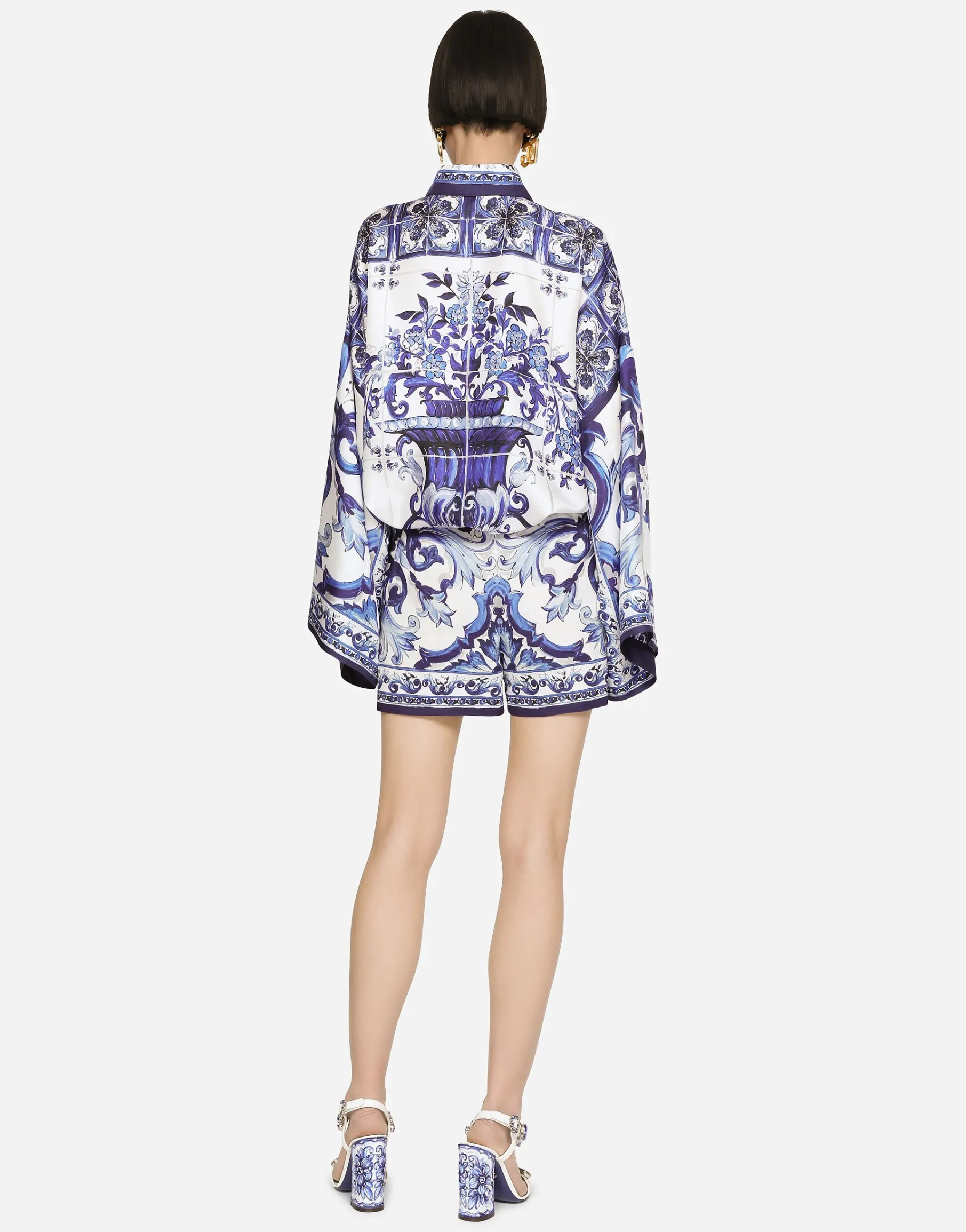 Majolica-print twill shirt with slits