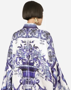 Majolica-print twill shirt with slits