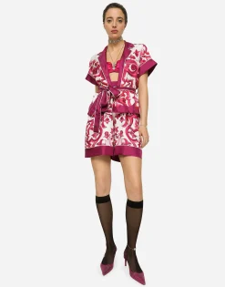 Majolica-print twill shirt with belt