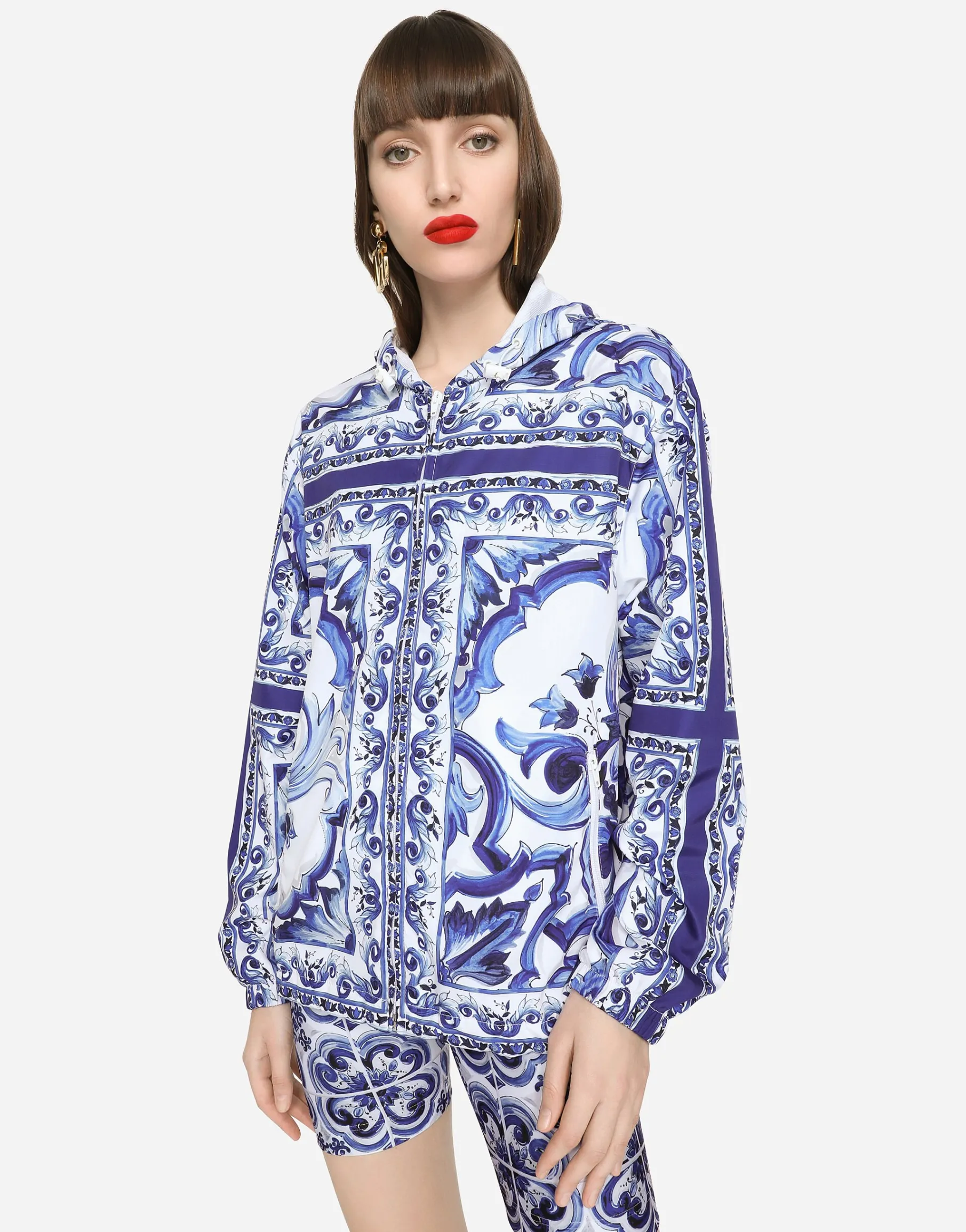 Majolica-print windbreaker with hood