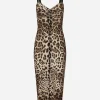 Marquisette calf-length dress with leopard print